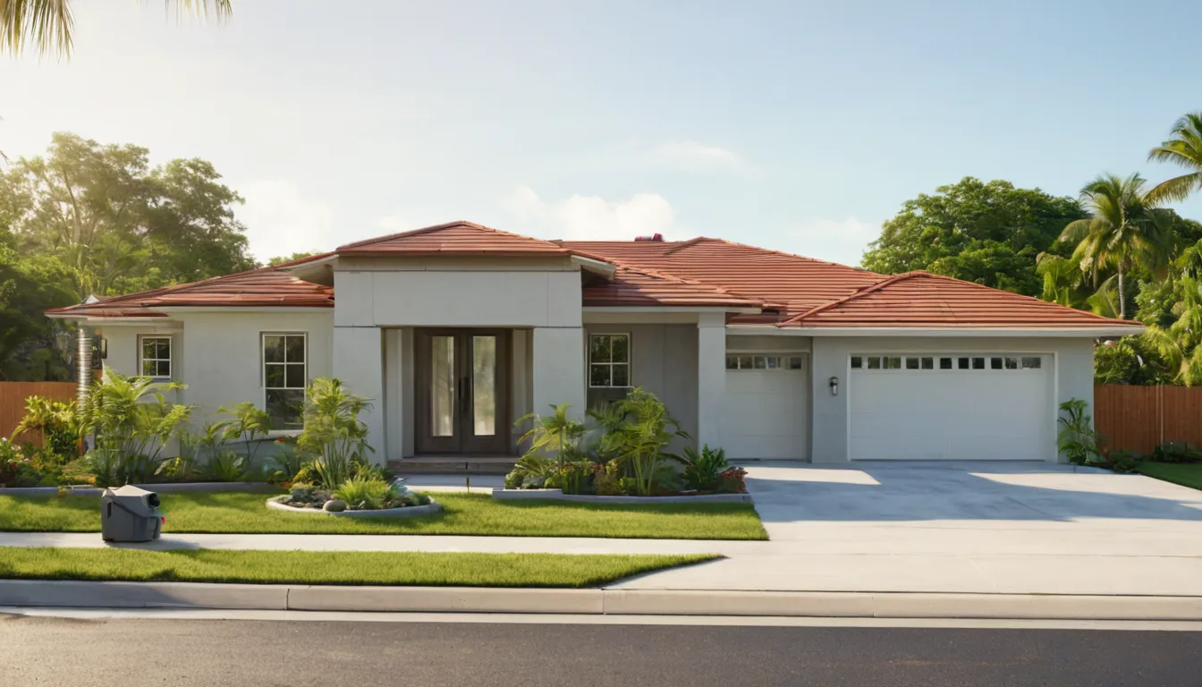 A single-story concrete block home with a tile roof and a tidy lawn in Clearwater